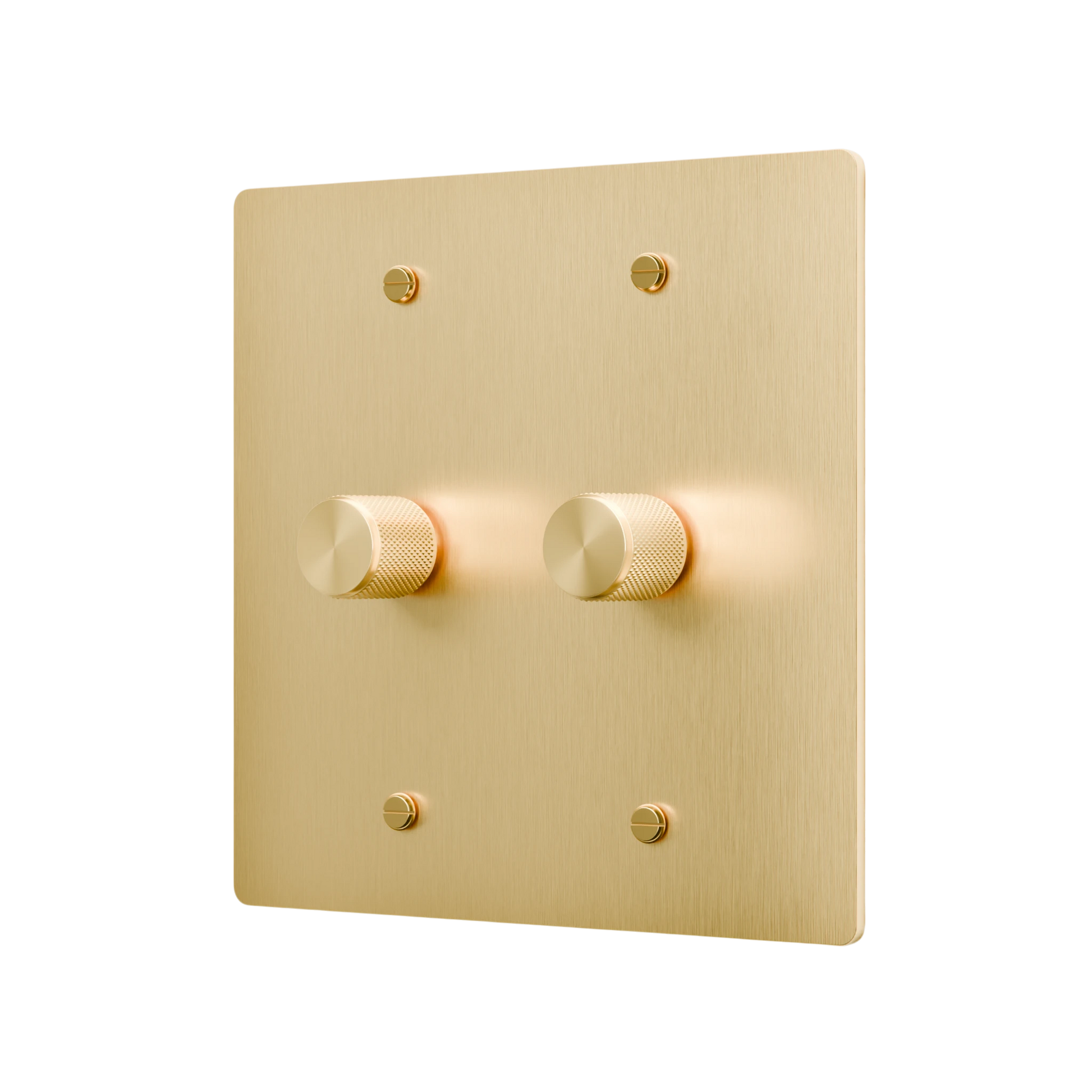 Gold wall switch with two knobs on a white background