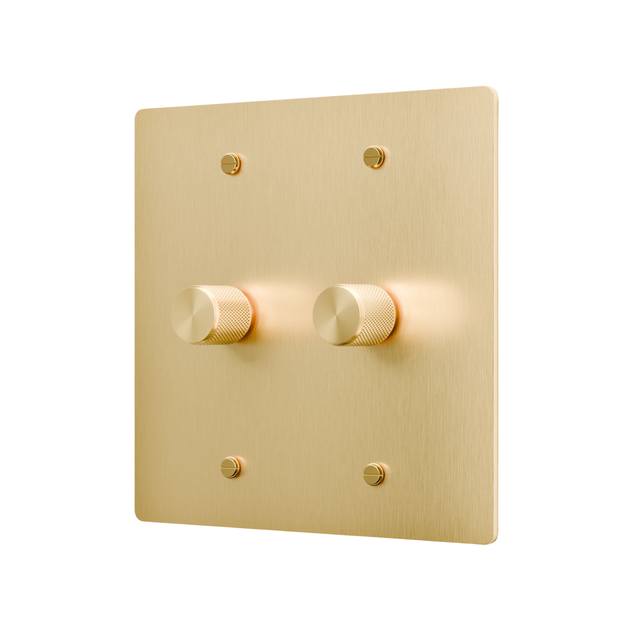 Gold wall switch with two knobs on a white background