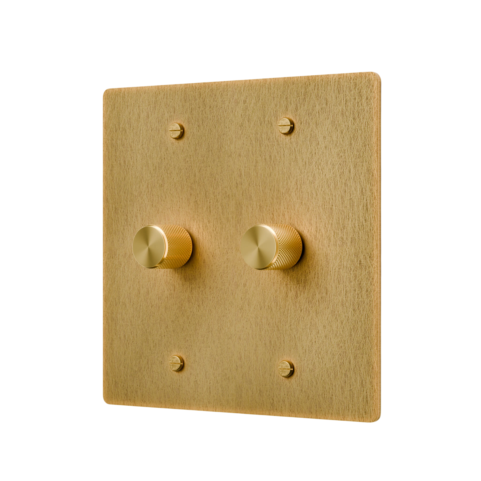 Gold switch panel with two knobs on a white background