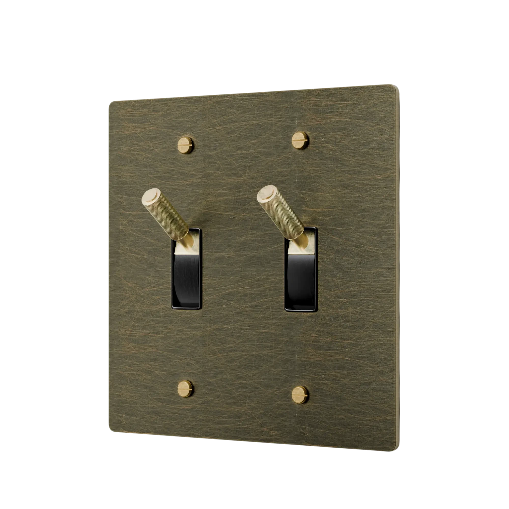 Double toggle switch with bronze finish on a white background