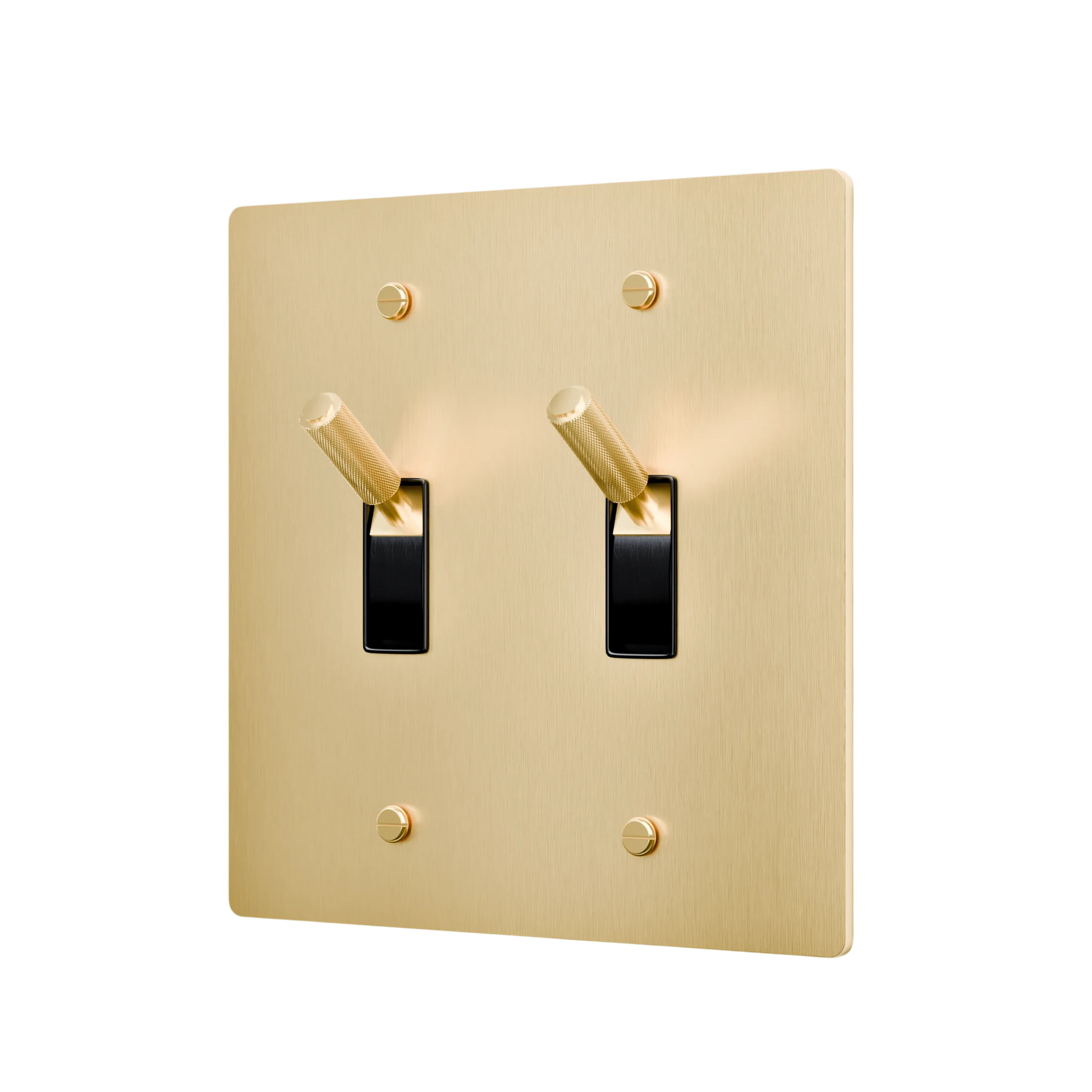 Gold double toggle switch with black switches on a white background