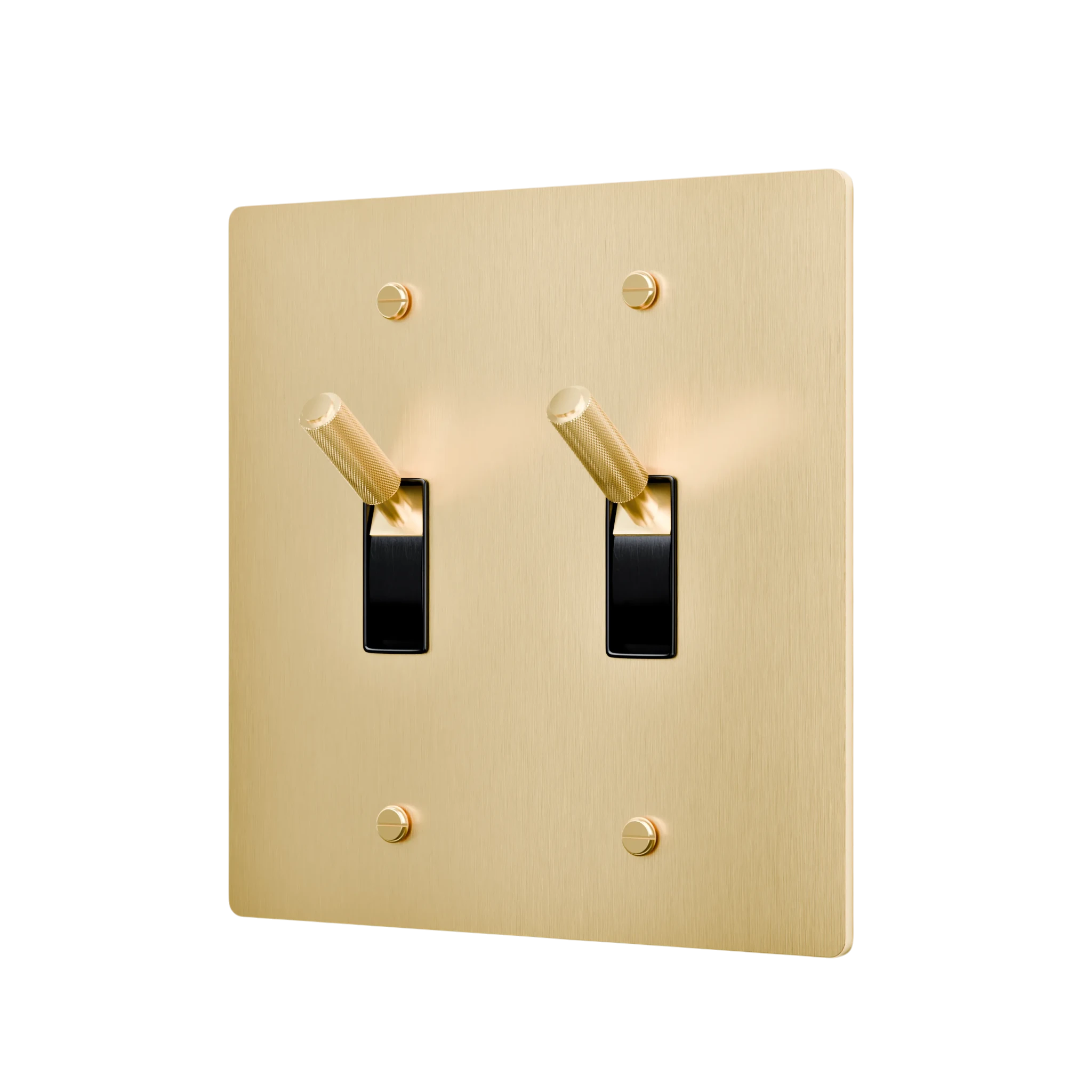 Gold double toggle switch with black switches on a white background