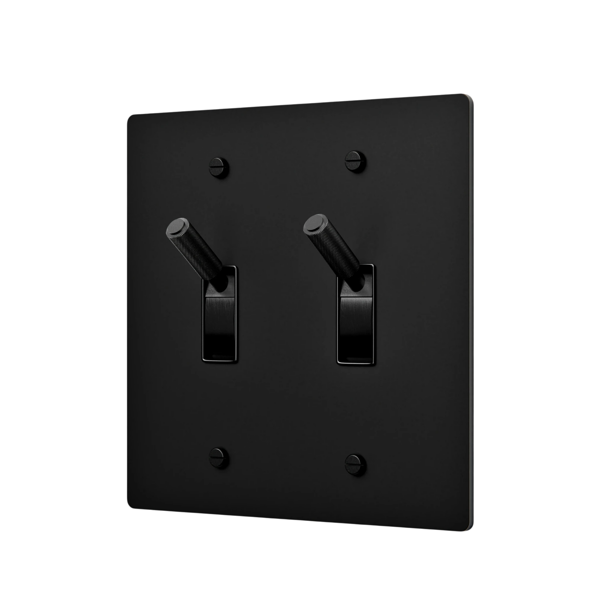 Black double toggle switch on a white background