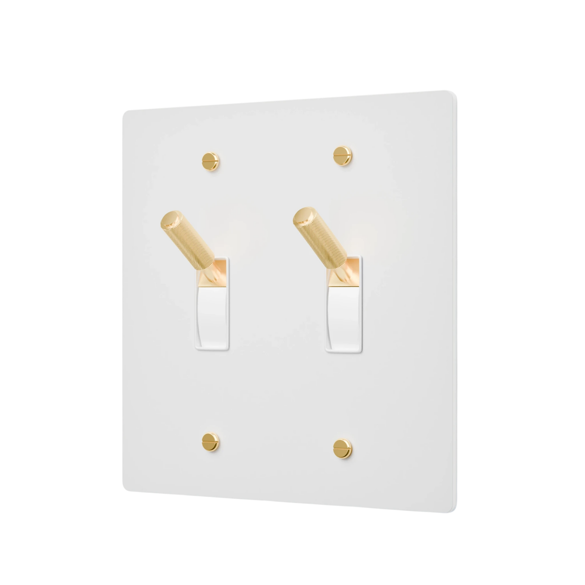 White light switch plate with gold accents on a white background