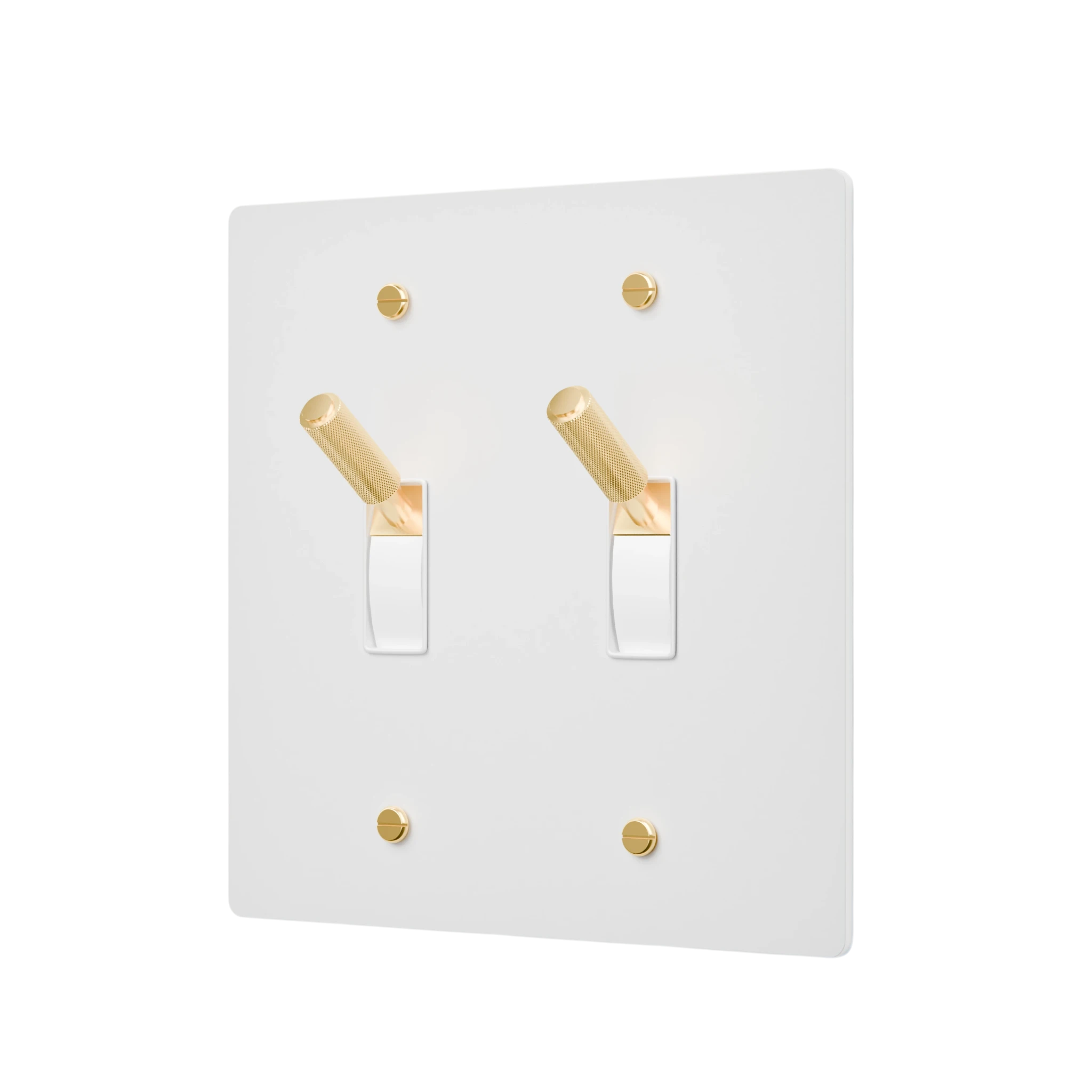 White light switch plate with gold accents on a white background