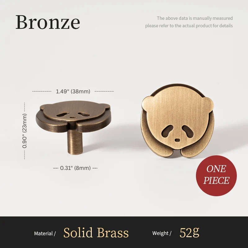 Bronze panda-shaped object with measurements and material details on a white background