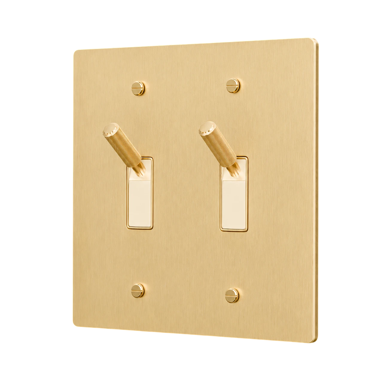 Gold double toggle switch plate on a white background