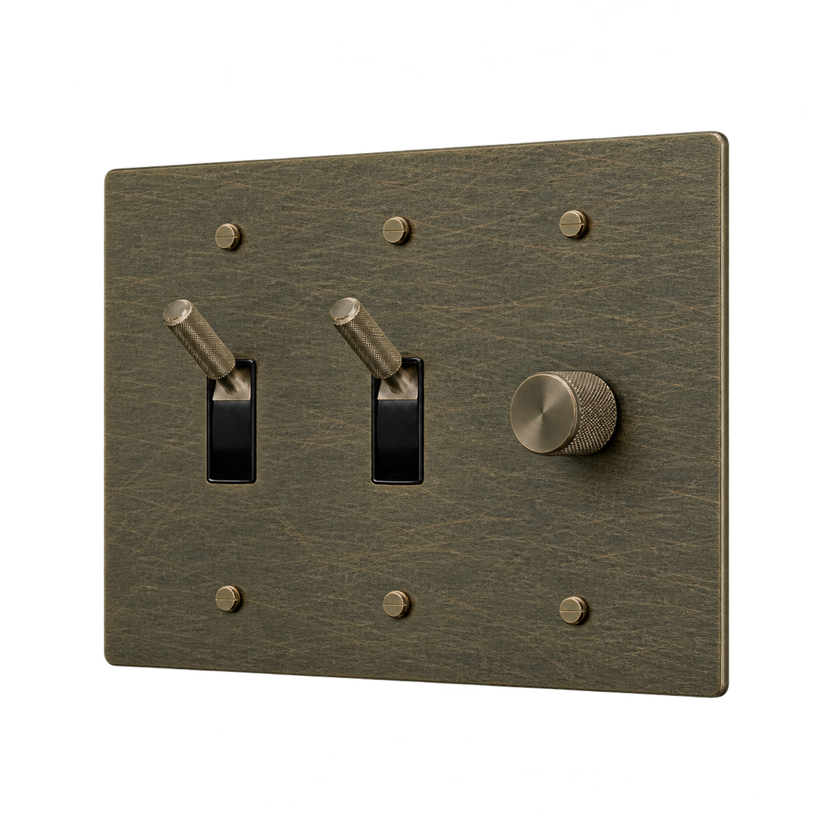 Brass Plate with 2 Toggles & Dimmer — 3-Gang — Aged Bronze (Hand-Brushed)