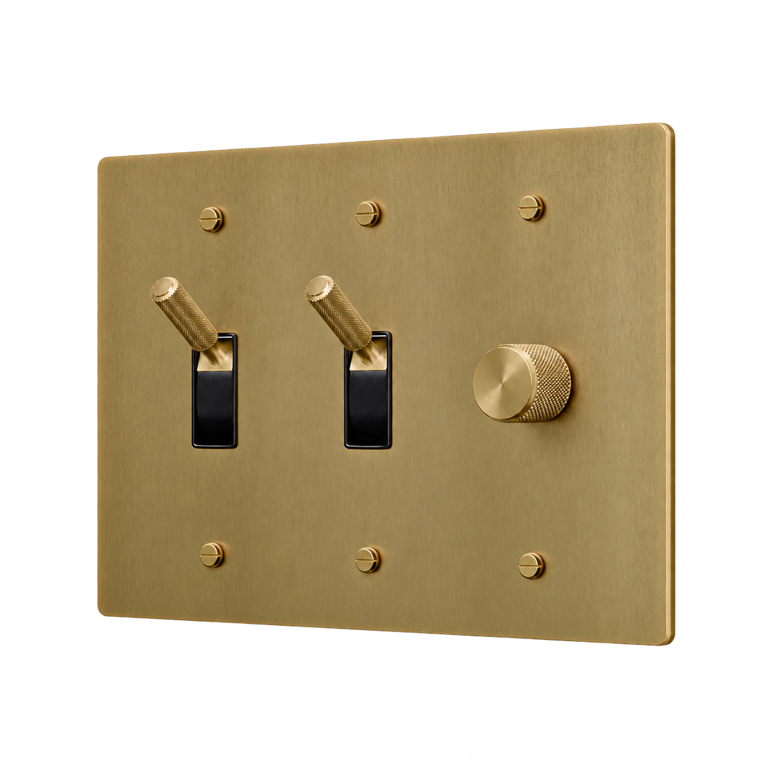 Brass Plate with 2 Toggles & Dimmer — 3-Gang — Satin Brass