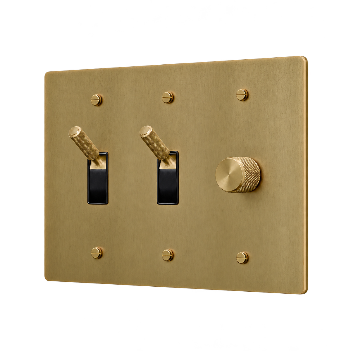 Brass Plate with 2 Toggles & Dimmer — 3-Gang — Antique Brass (Hand-Brushed)