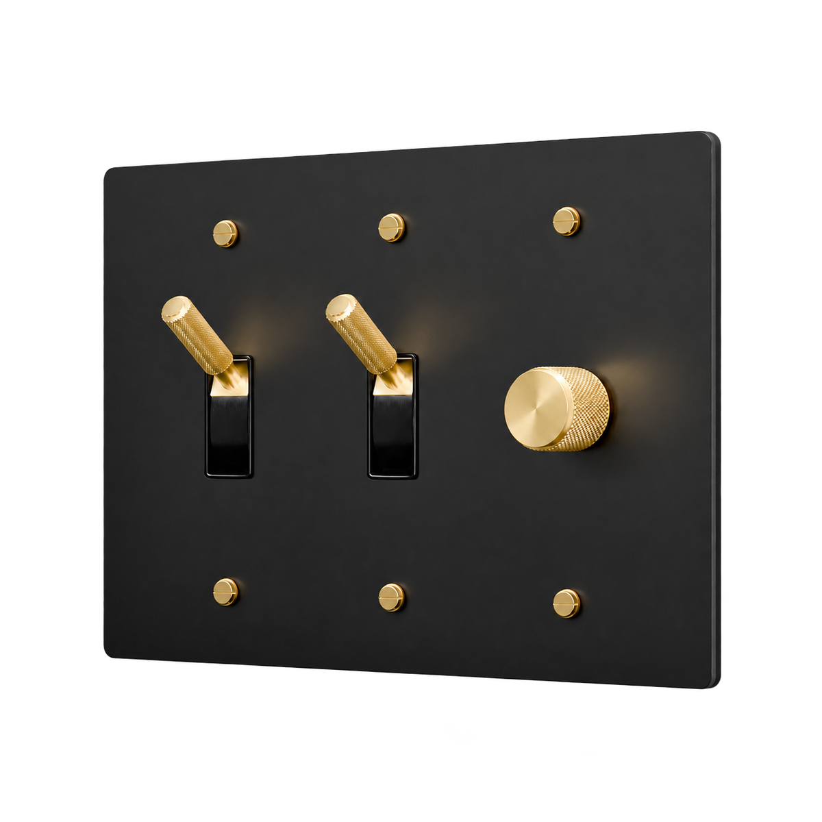 Brass Plate with 2 Toggles & Dimmer — 3-Gang — Matte Black