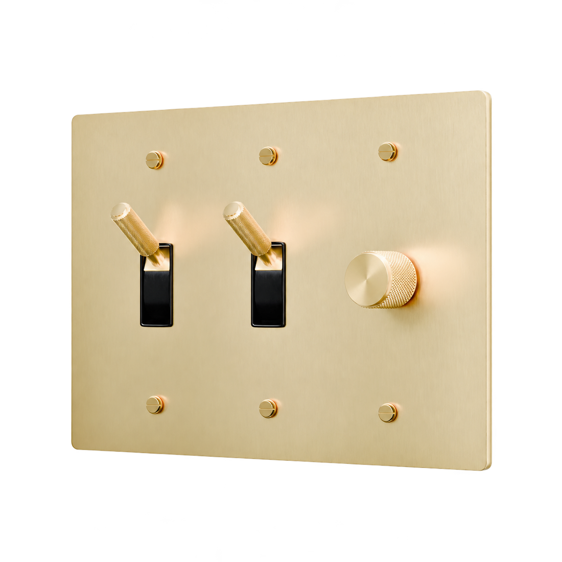 Brass Plate with 2 Toggles & Dimmer — 3-Gang — Satin Brass