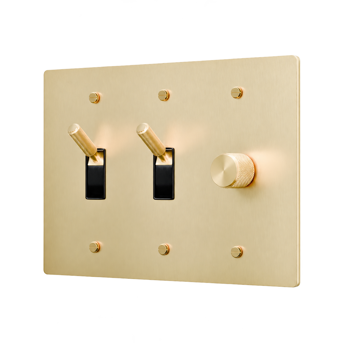 Brass Plate with 2 Toggles & Dimmer — 3-Gang — Satin Brass
