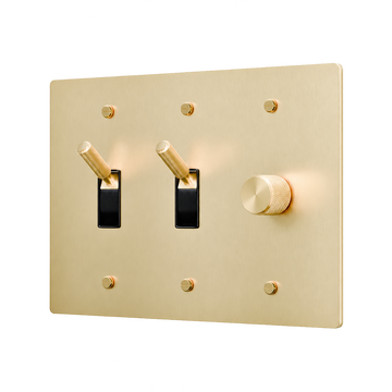 Brass Plate with 2 Toggles & Dimmer — 3-Gang — Satin Brass