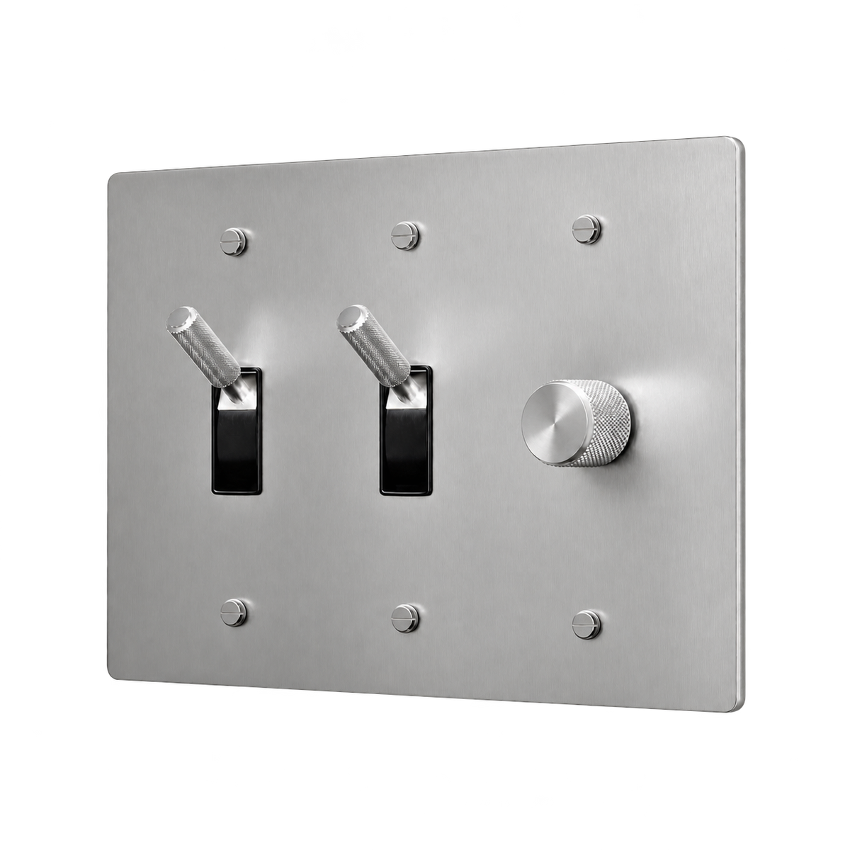 Brass Plate with 2 Toggles & Dimmer — 3-Gang — Stainless Steel