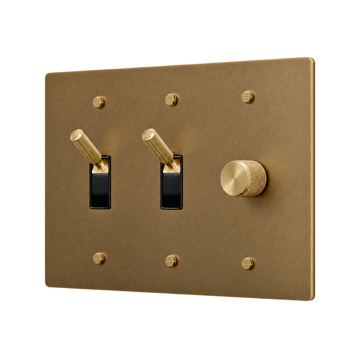 Brass Plate with 2 Toggles & Dimmer — 3-Gang — Unlacquered Antique Brass (Hand-Brushed)