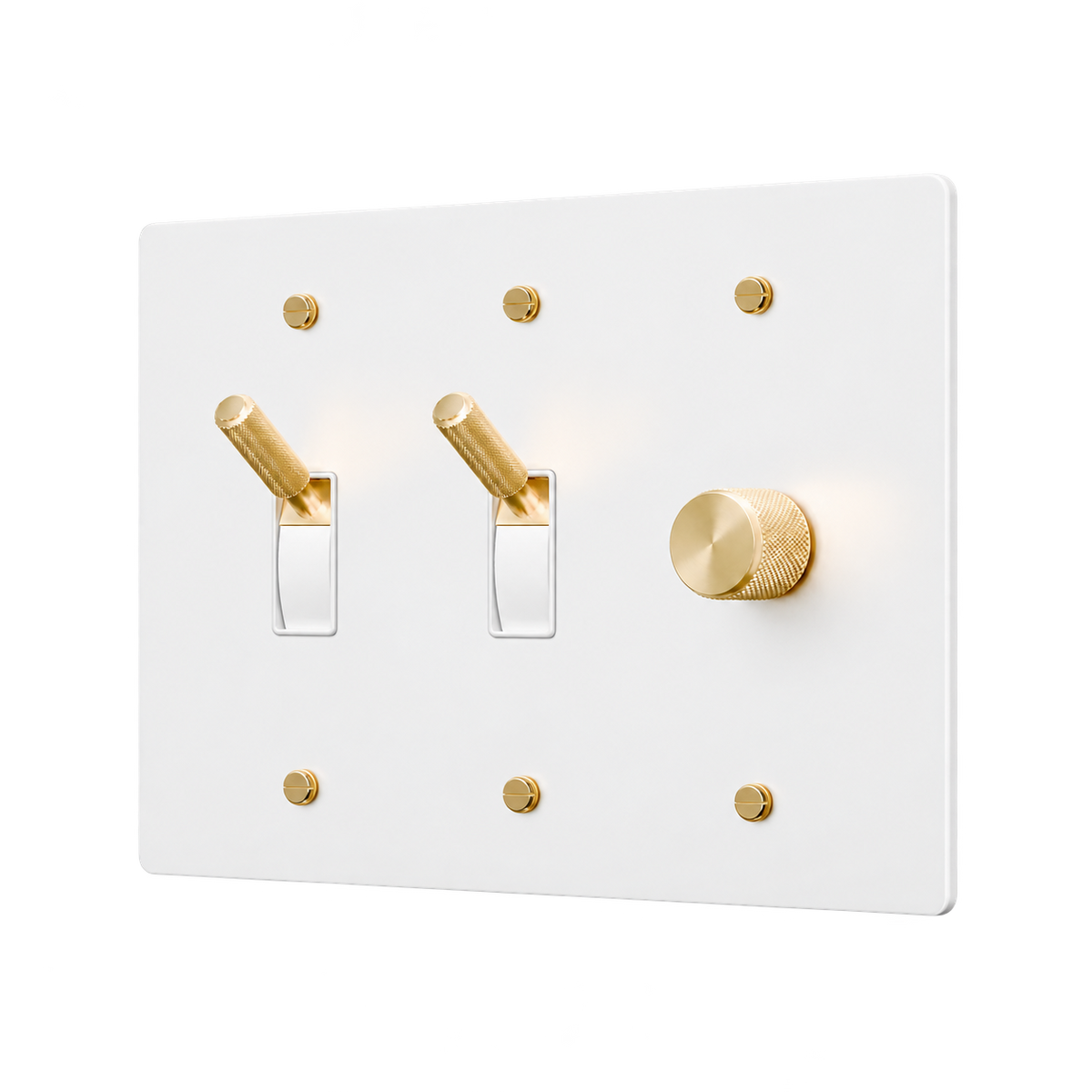 Brass Plate with 2 Toggles & Dimmer — 3-Gang — White
