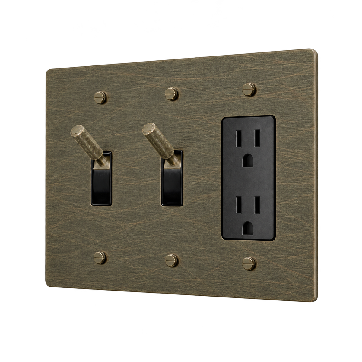 Brass Plate with 2 Toggles & Duplex Outlet — 3-Gang — Aged Bronze (Hand-Brushed)