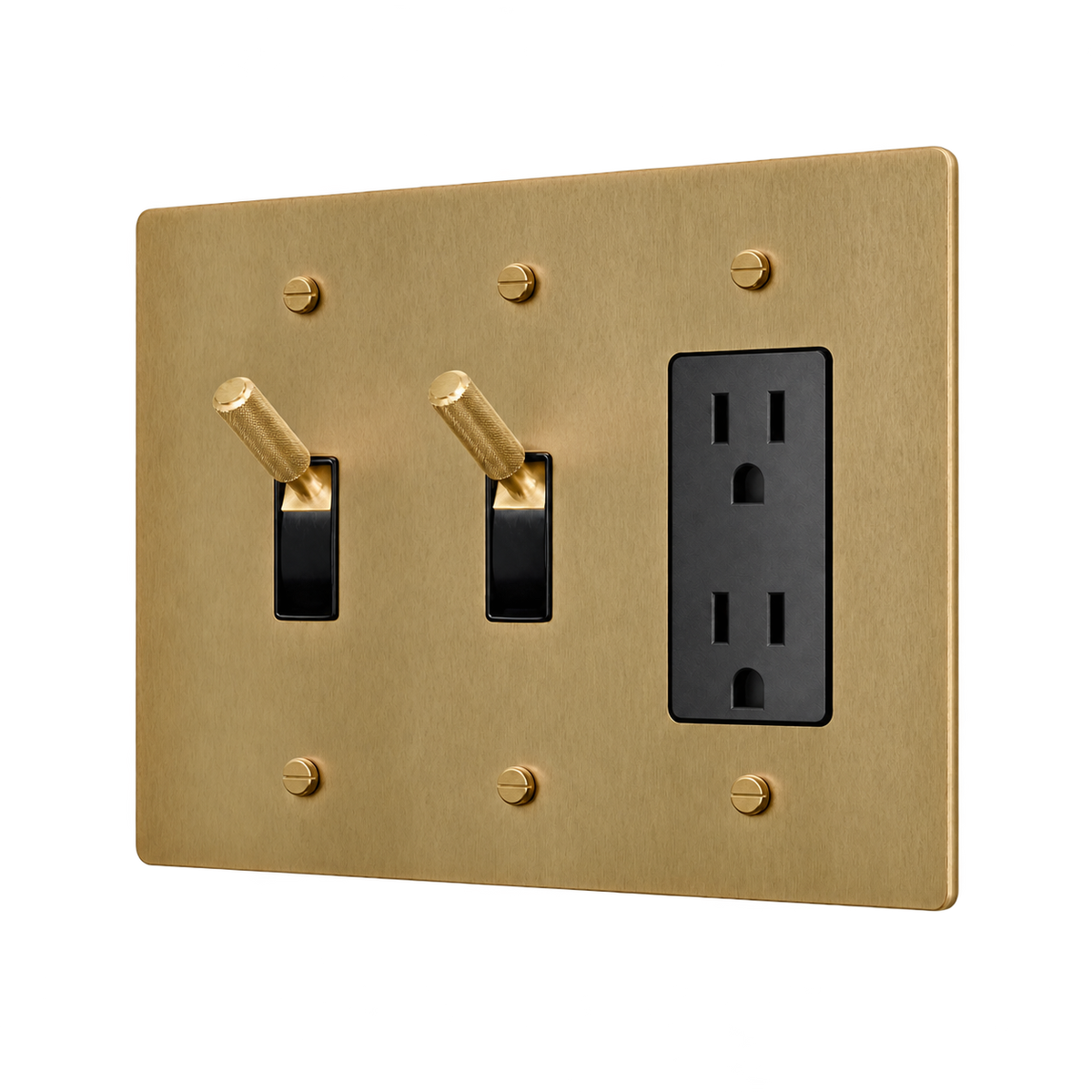 Brass Plate with 2 Toggles & Duplex Outlet — 3-Gang — Antique Brass (Hand-Brushed)