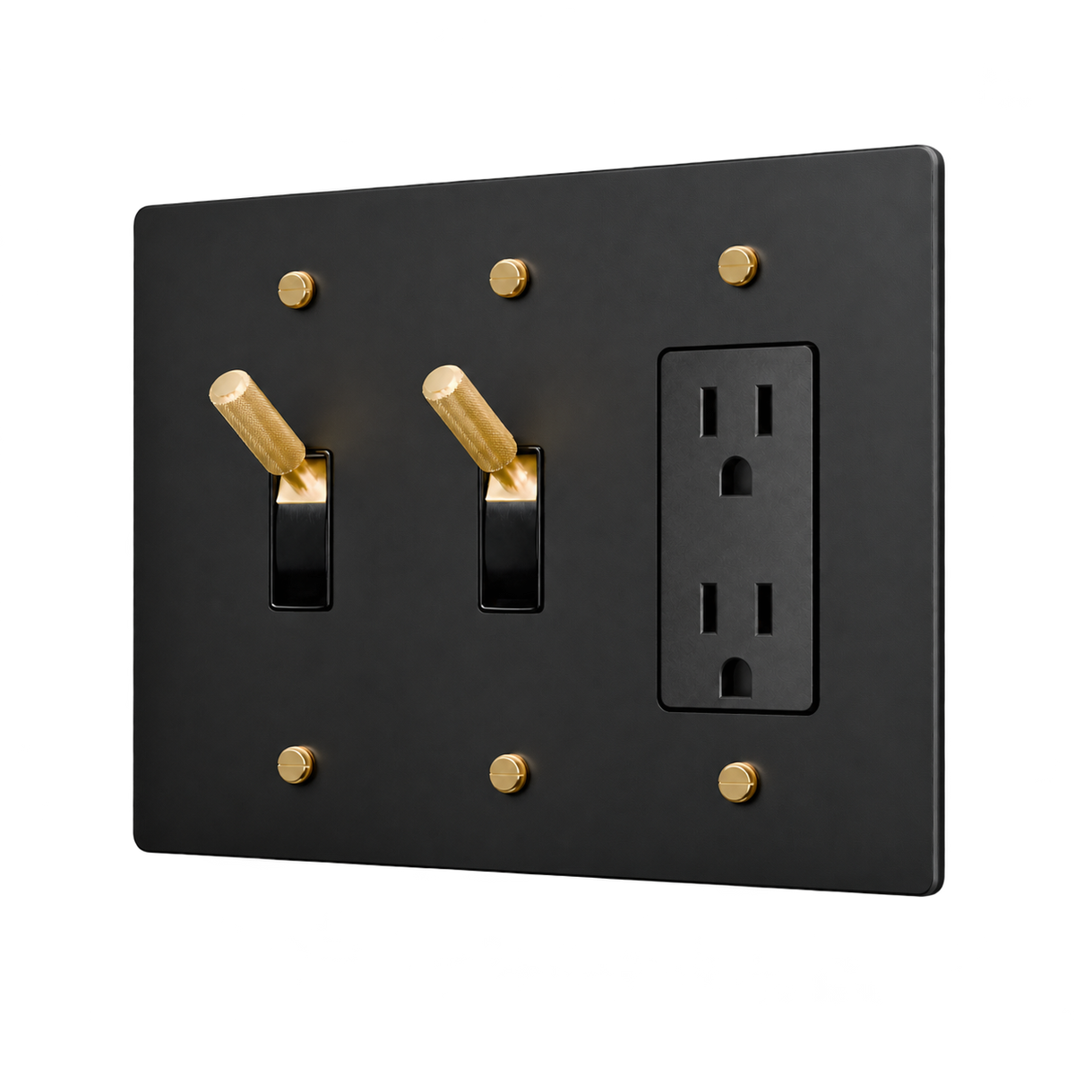 Brass Plate with 2 Toggles & Duplex Outlet — 3-Gang — Matte Black