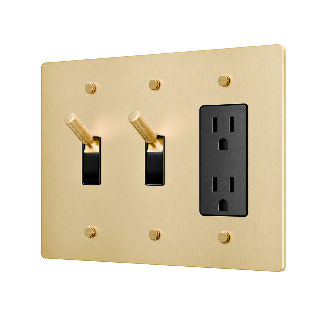 Brass Plate with 2 Toggles & Duplex Outlet — 3-Gang — Satin Brass