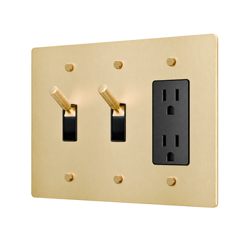 Brass Plate with 2 Toggles & Duplex Outlet — 3-Gang — Satin Brass