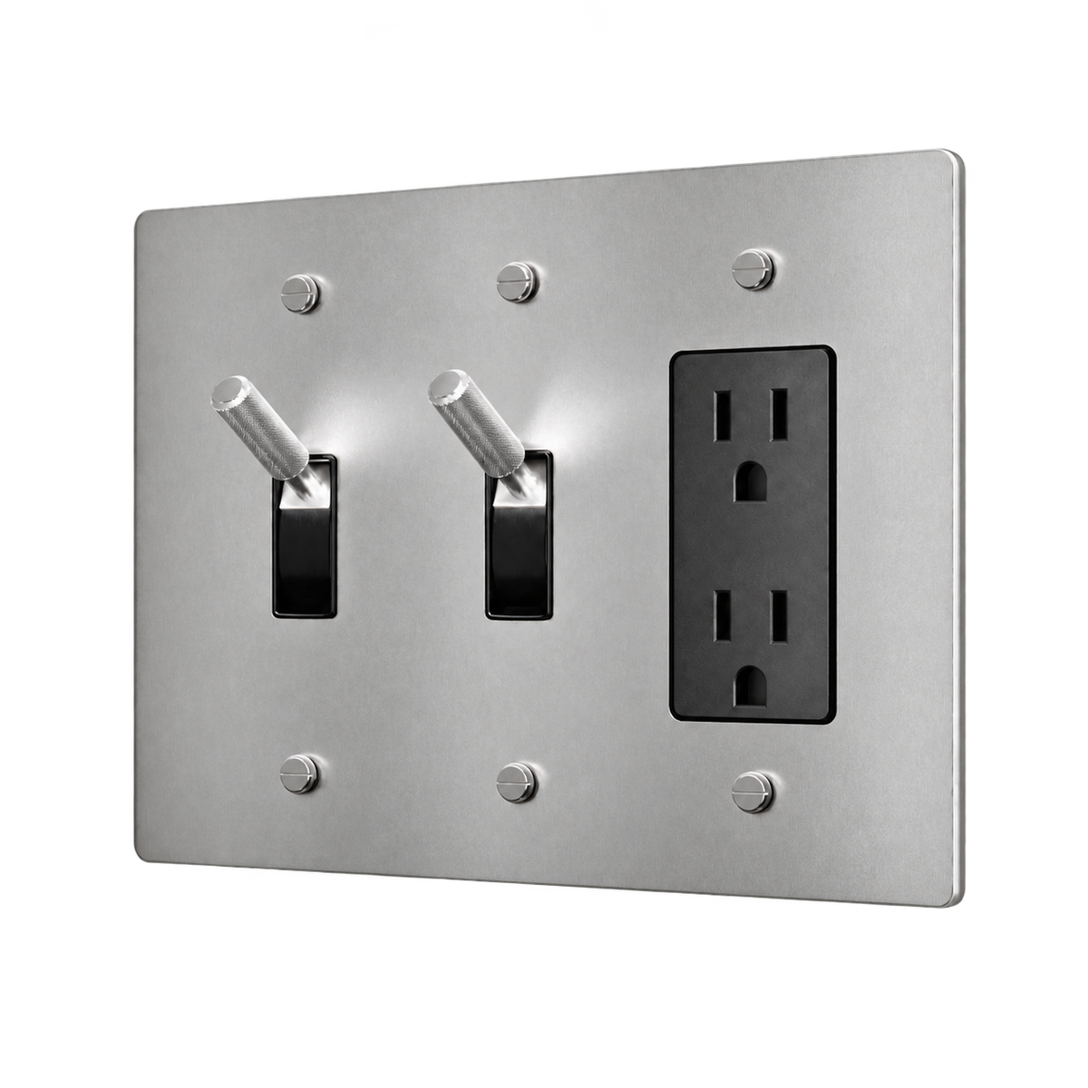 Brass Plate with 2 Toggles & Duplex Outlet — 3-Gang — Stainless Steel