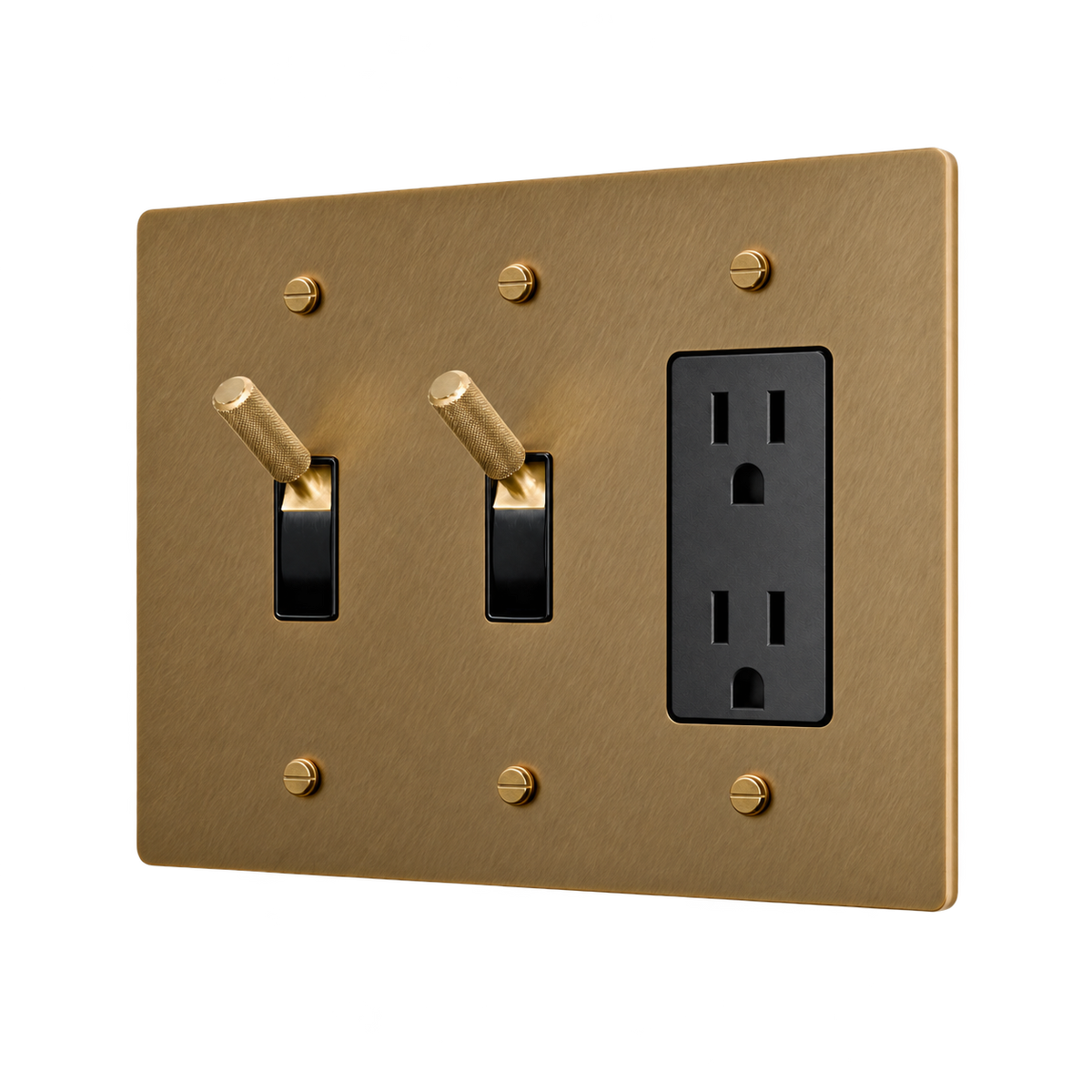 Brass Plate with 2 Toggles & Duplex Outlet — 3-Gang — Unlacquered Antique Brass (Hand-Brushed)