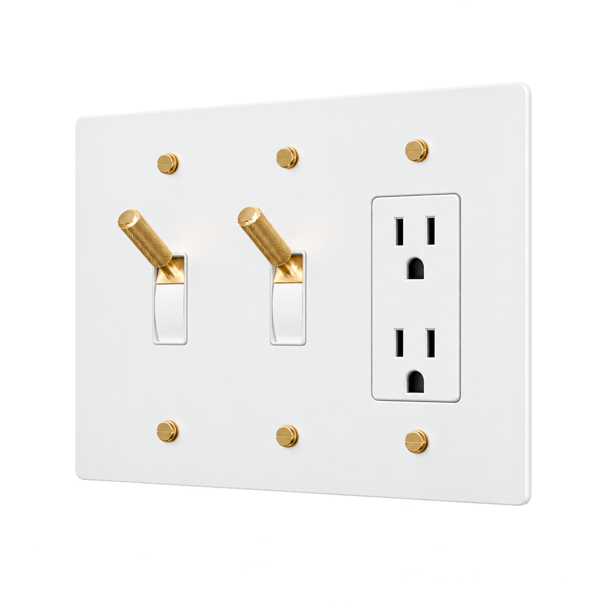 Brass Plate with 2 Toggles & Duplex Outlet — 3-Gang — White