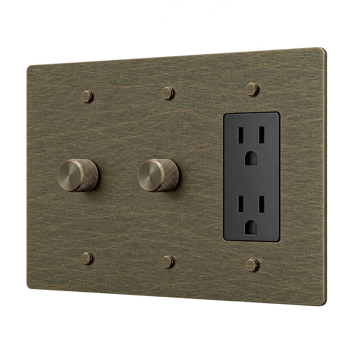 Brass Plate with 2 Dimmers & Duplex Outlet — 3-Gang — Aged Bronze (Hand-Brushed)