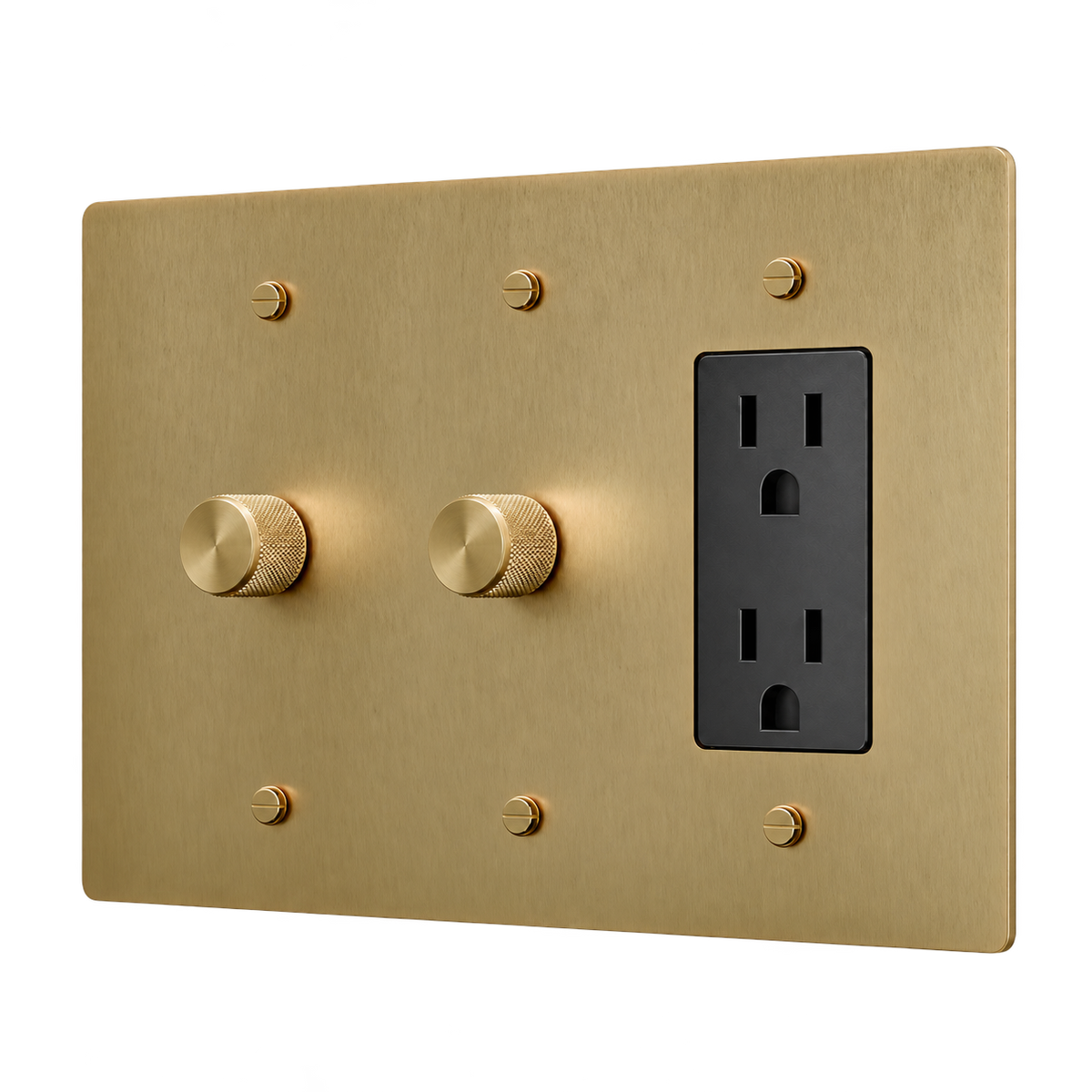Brass Plate with 2 Dimmers & Duplex Outlet — 3-Gang — Antique Brass (Hand-Brushed)