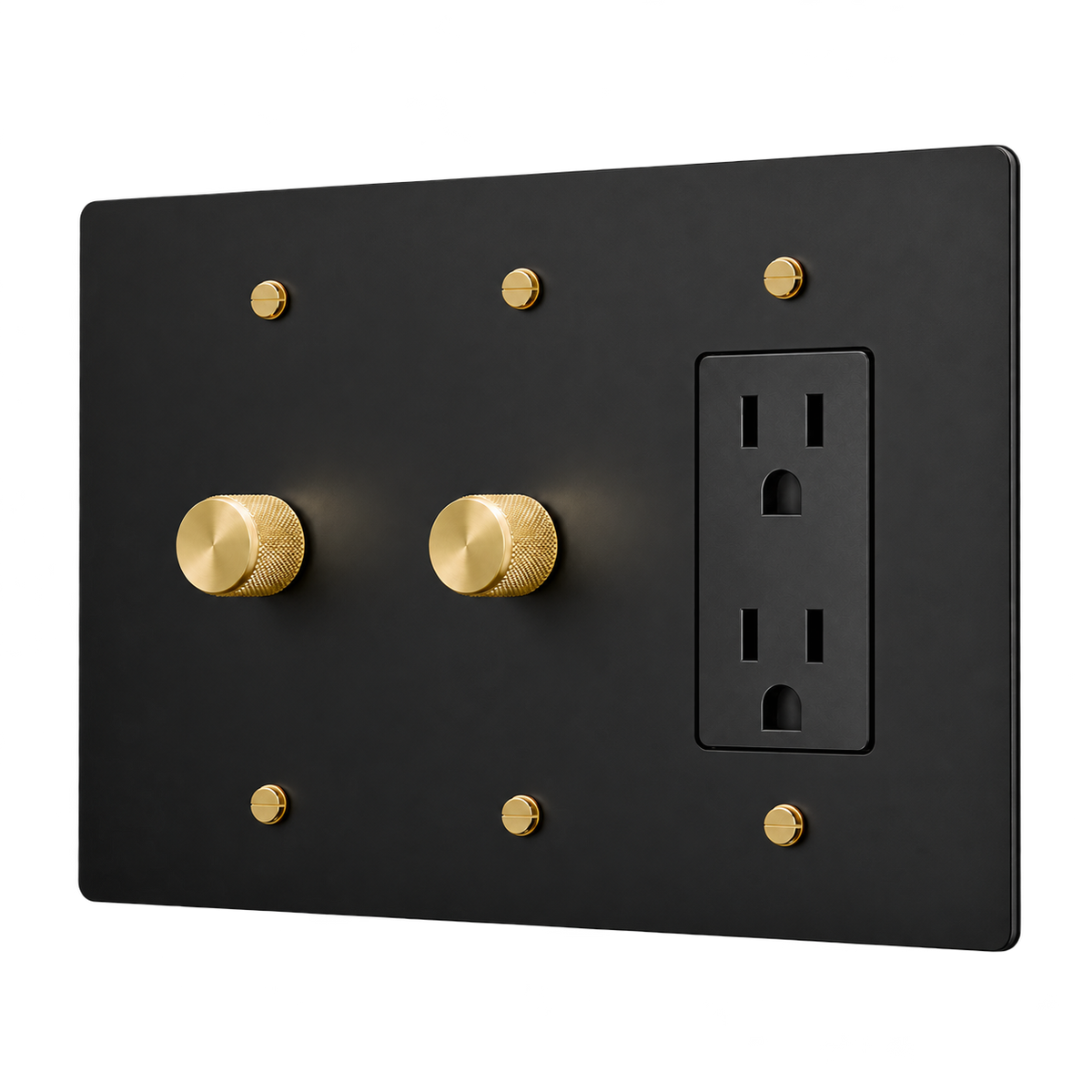 Brass Plate with 2 Dimmers & Duplex Outlet — 3-Gang — Matte Black