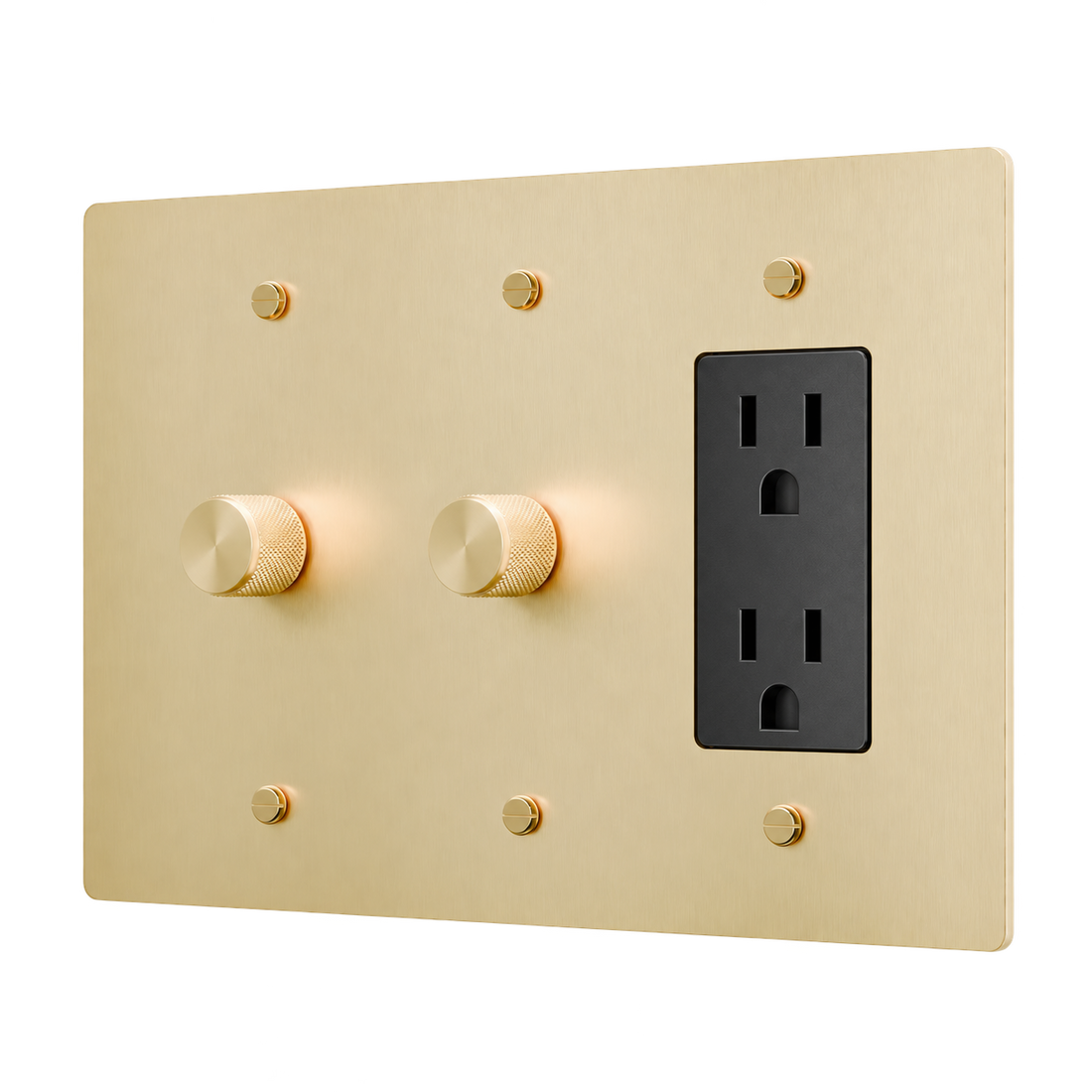 Brass Plate with 2 Dimmers & Duplex Outlet — 3-Gang — Satin Brass