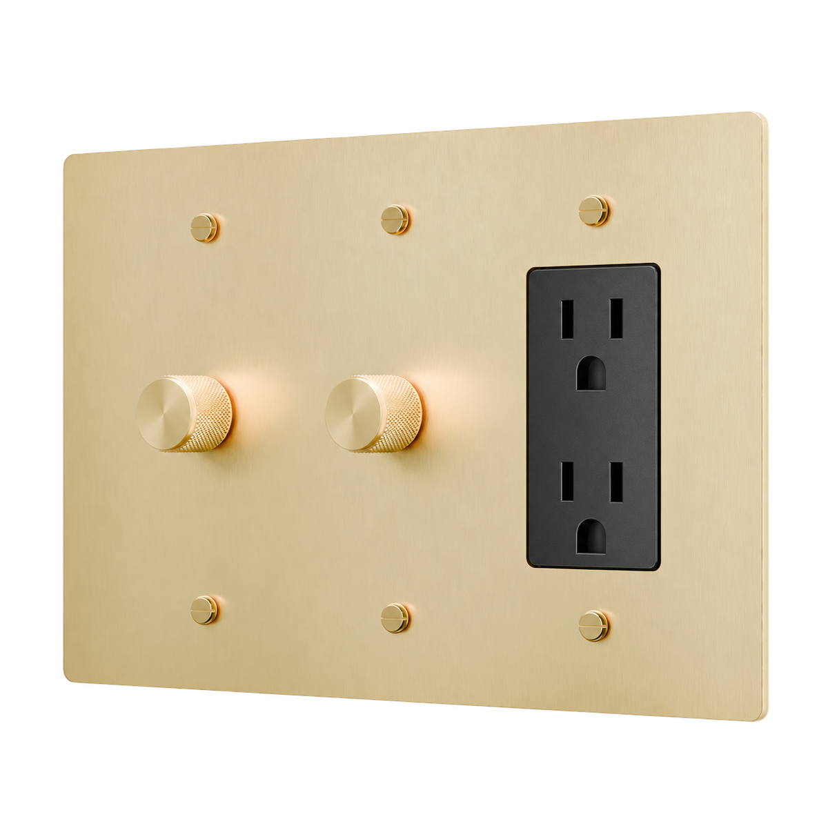 Brass Plate with 2 Dimmers & Duplex Outlet — 3-Gang — Satin Brass