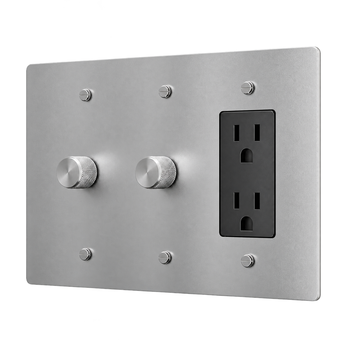 Brass Plate with 2 Dimmers & Duplex Outlet — 3-Gang — Stainless Steel