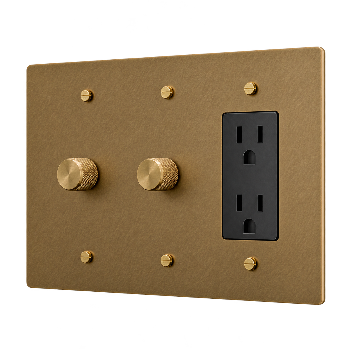 Brass Plate with 2 Dimmers & Duplex Outlet — 3-Gang — Unlacquered Antique Brass (Hand-Brushed)