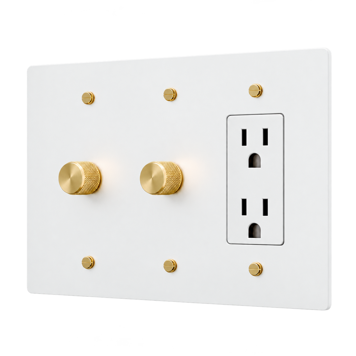 Brass Plate with 2 Dimmers & Duplex Outlet — 3-Gang — White