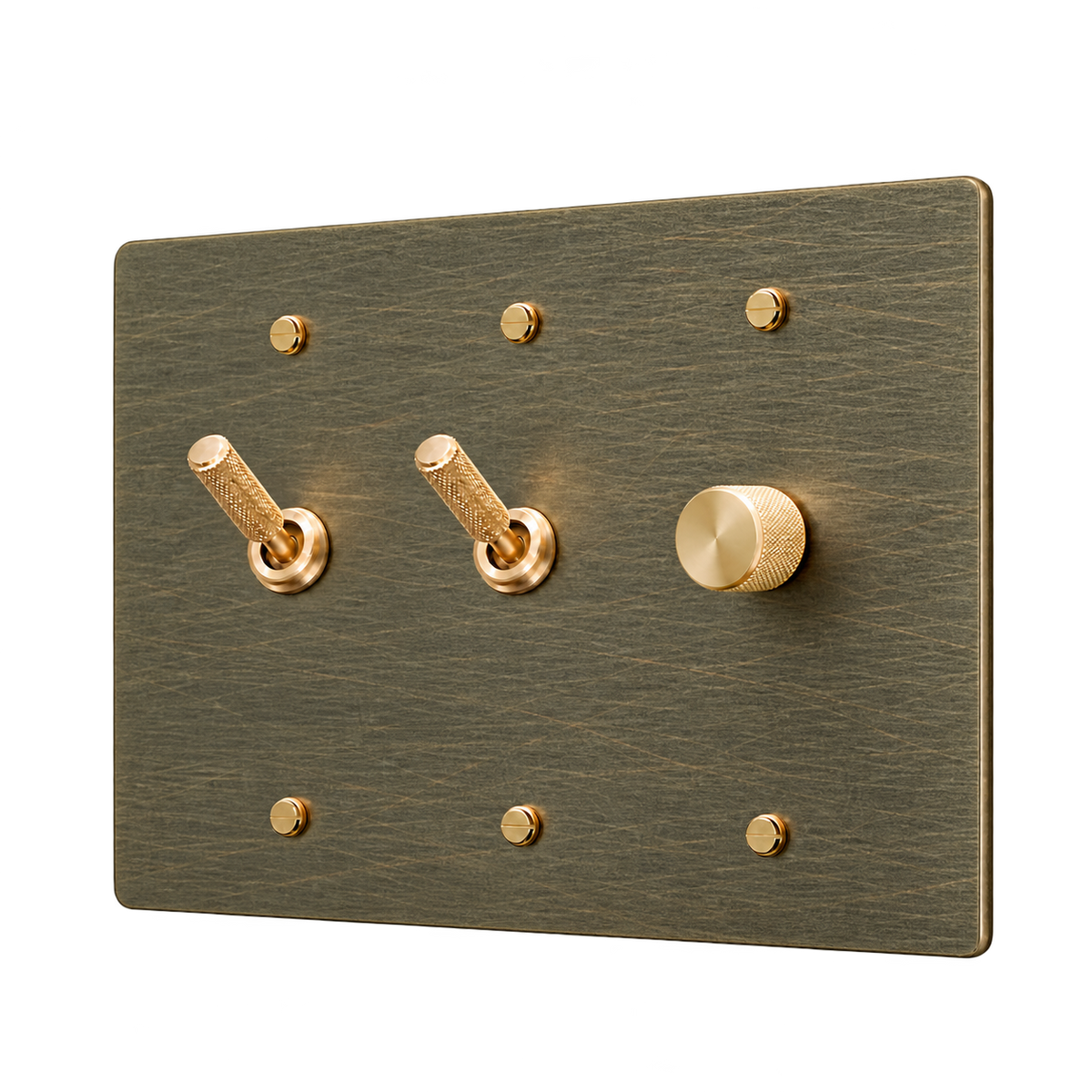 Brass Plate with 2 Knurled Toggles & Dimmer — 3-Gang — Aged Bronze (Hand-Brushed)