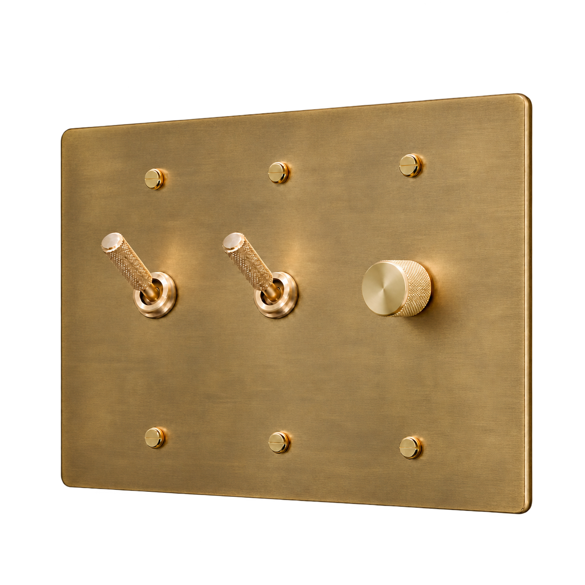 Brass Plate with 2 Knurled Toggles & Dimmer — 3-Gang — Antique Brass (Hand-Brushed)