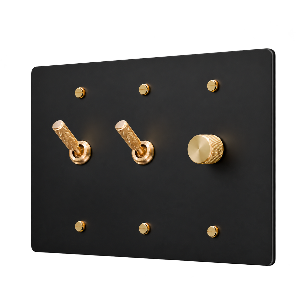 Brass Plate with 2 Knurled Toggles & Dimmer — 3-Gang — Matte Black