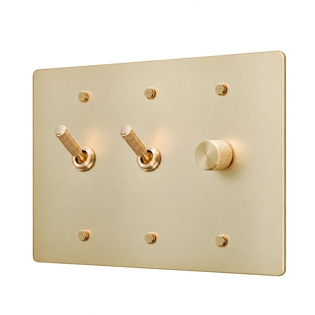 Brass Plate with 2 Knurled Toggles & Dimmer — 3-Gang — Satin Brass