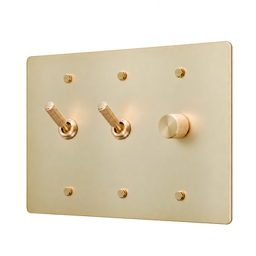 Brass Plate with 2 Knurled Toggles & Dimmer — 3-Gang — Satin Brass