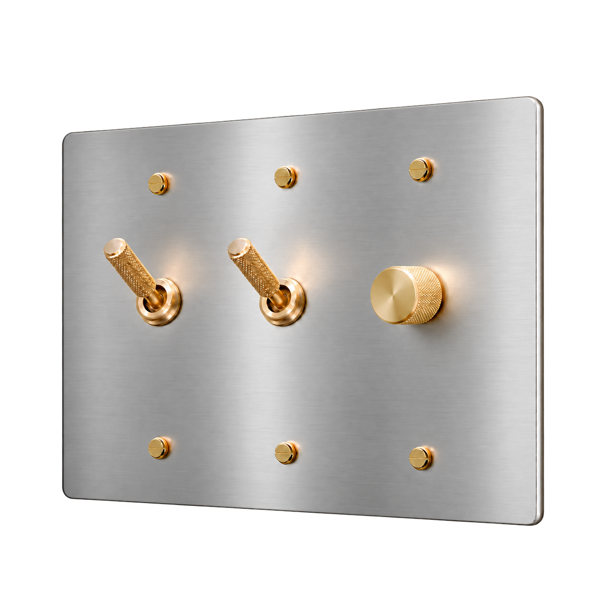 Brass Plate with 2 Knurled Toggles & Dimmer — 3-Gang — Stainless Steel