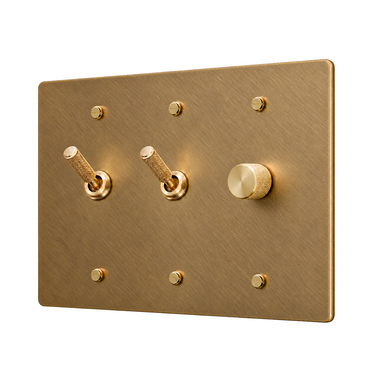 Brass Plate with 2 Knurled Toggles & Dimmer — 3-Gang — Unlacquered Antique Brass (Hand-Brushed)