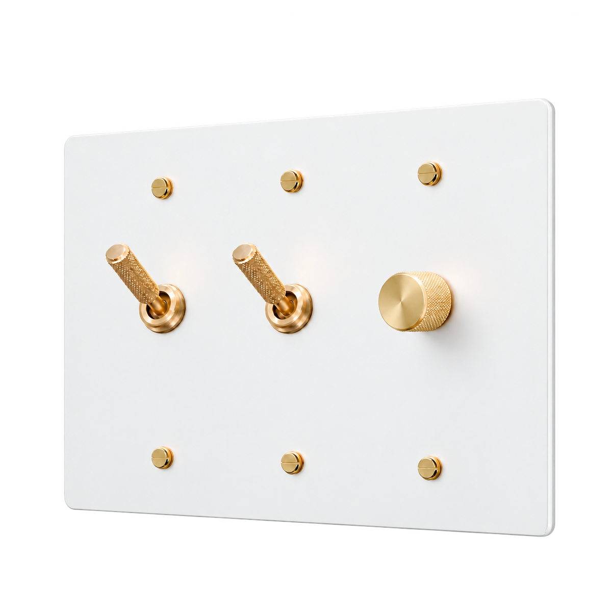 Brass Plate with 2 Knurled Toggles & Dimmer — 3-Gang — White