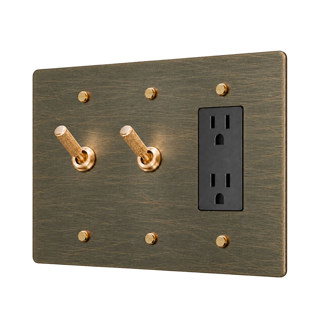 Brass Plate with 2 Knurled Toggles & Duplex Outlet — 3-Gang — Aged Bronze (Hand-Brushed)