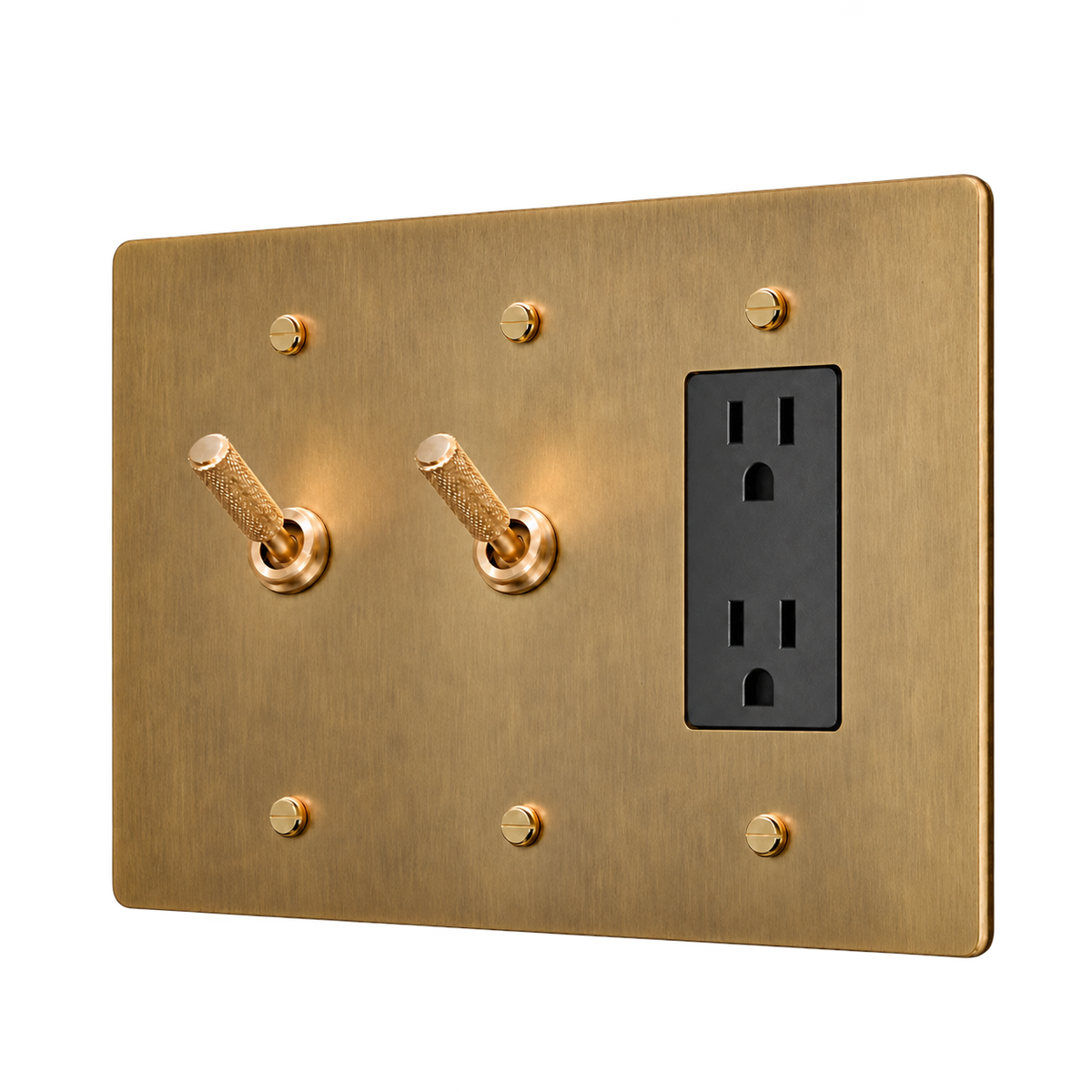 Brass Plate with 2 Knurled Toggles & Duplex Outlet — 3-Gang — Antique Brass (Hand-Brushed)