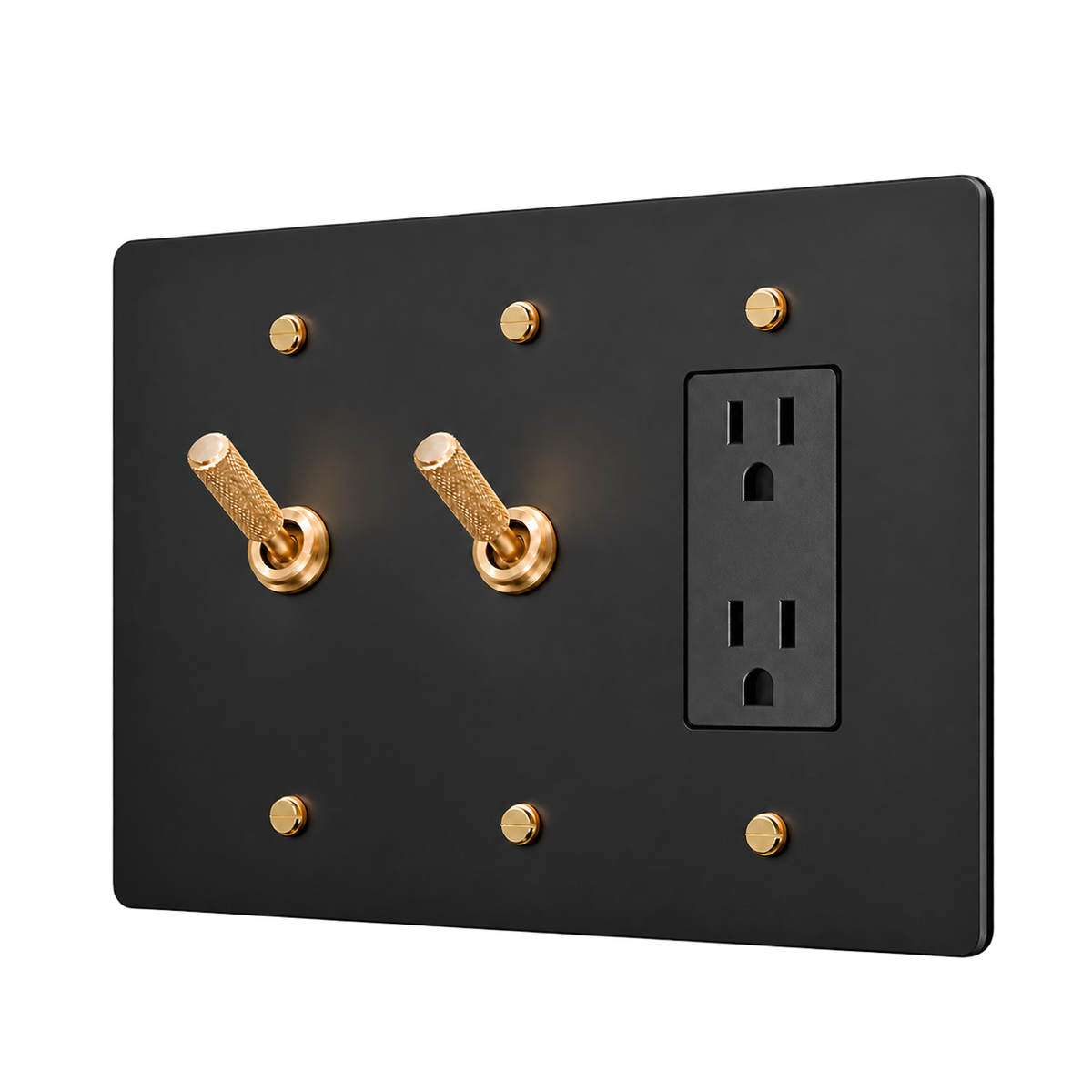 Brass Plate with 2 Knurled Toggles & Duplex Outlet — 3-Gang — Matte Black