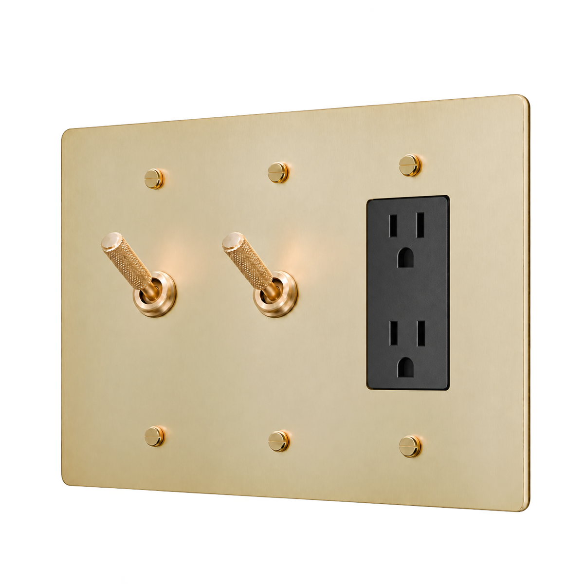 Brass Plate with 2 Knurled Toggles & Duplex Outlet — 3-Gang — Satin Brass