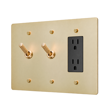 Brass Plate with 2 Knurled Toggles & Duplex Outlet — 3-Gang — Satin Brass